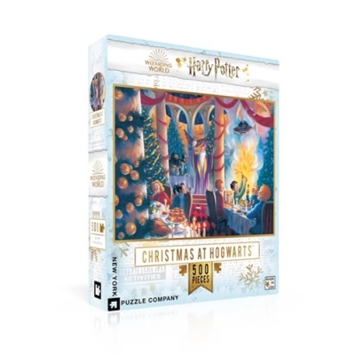 Caixa de puzzle Harry Potter com imagem natalícia e texto Christmas at Hogwarts, 500 peças