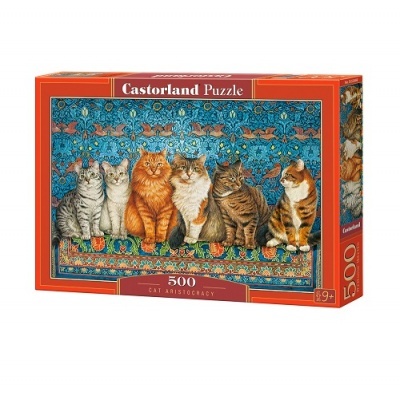 Caixa do quebra-cabeças Castorland com seis gatos sobre fundo azul decorado.