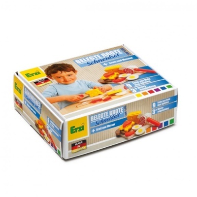 Conjunto infantil de brinquedo para cortar pão em caixa colorida com imagem de criança