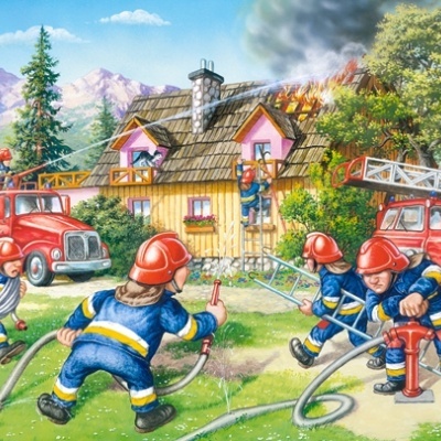 Ilustração de bombeiros a apagar incêndio numa casa com carrinhas de bombeiros e natureza ao redor
