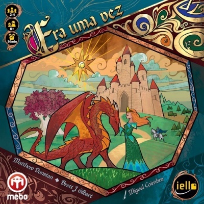 Caixa de jogo de tabuleiro 'Era uma vez' com ilustração de castelo, dragão e princesa