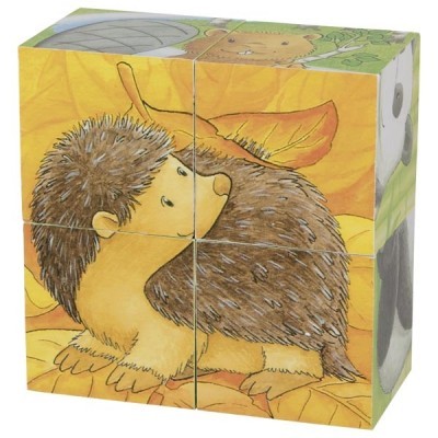 Bloco de cubos ilustrados com ouriço e folhas outonais