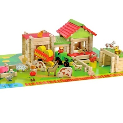 Jogo de fazenda em madeira com animais e edifícios coloridos