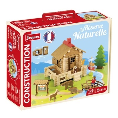 Conjunto construção madeira Feujura La Réserve Naturelle 125 peças embalagem azul e vermelho