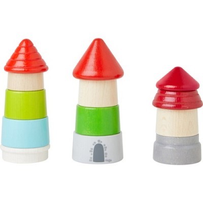 Brinquedos de madeira empilháveis em forma de casinhas com telhados vermelhos