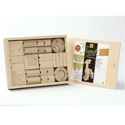 Caixa de blocos de madeira geométricos com folheto de instruções aberta sobre fundo branco.