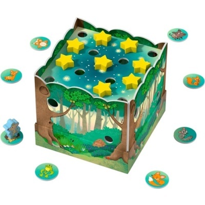 Jogo de madeira com estrelas amarelas e fichas redondas com animais