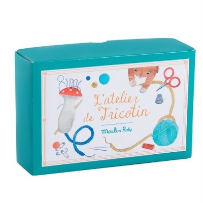 Caixa de brinquedo para tricô azul com ilustração e texto em francês