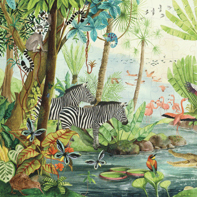 Ilustração de floresta tropical com zebras, flamingos, macaco e vários animais junto a lagoa