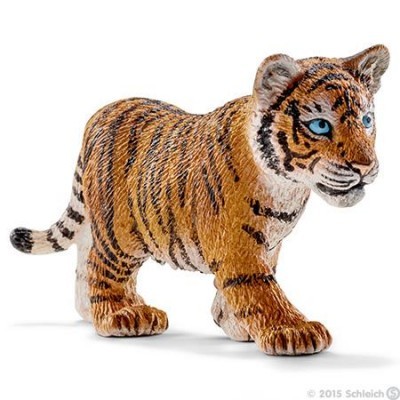 Figura de brinquedo de tigre com olhos azuis e riscas pretas e castanhas