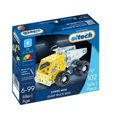 Caixa de construção Eitech Kipper Mini com peças metálicas amarelas e prateadas e rodas pretas