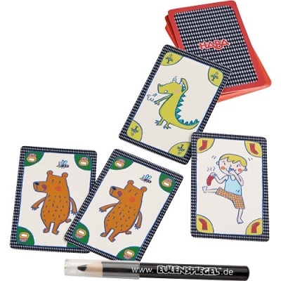 Cartas de jogo coloridas com desenhos de animais e criança, lápis preto