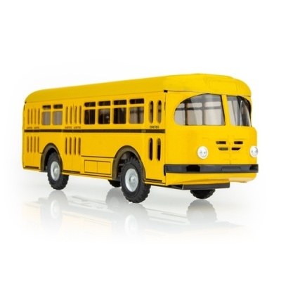 Modelo de autocarro escolar de brinquedo amarelo com janelas transparentes