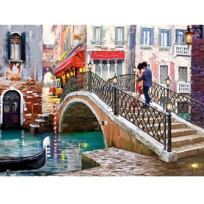 Ponte de pedra arqueada sobre canal com casal e gôndola em pintura digital colorida
