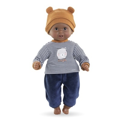 Boneco bebé com roupa às riscas e gorro castanho com orelhas