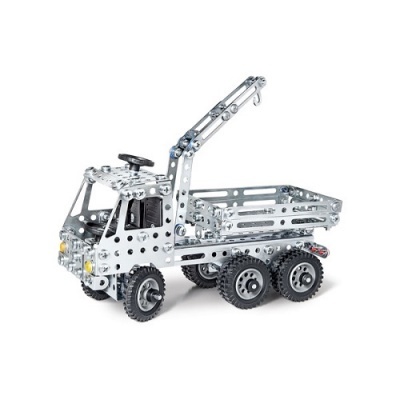 Modelo de camião de carga em metal prateado com rodas pretas