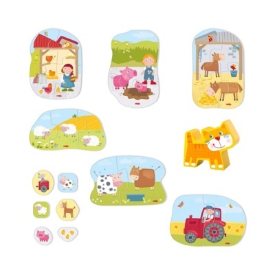 Peças de puzzle infantis de madeira com imagens da quinta