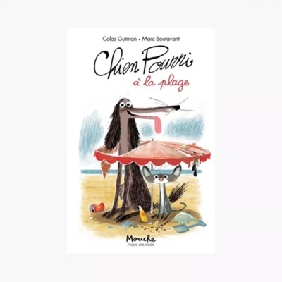 Capa de livro ilustrada com cão, gato e guarda-sol na praia