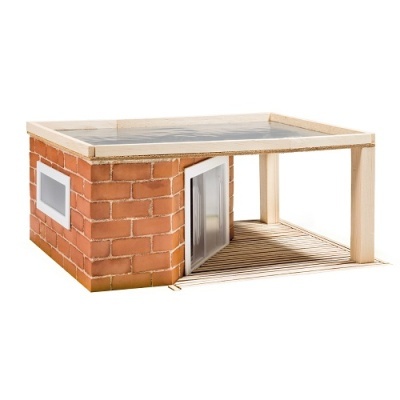 Modelo de casa para cão com paredes de tijolos e área coberta em madeira