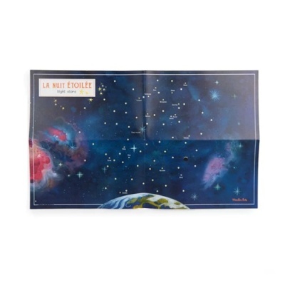 Mapa das estrelas noturnas com constelações e título em francês e inglês