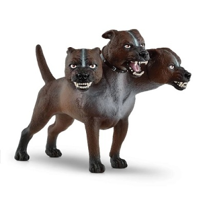 Figura decorativa de três cães com três cabeças marrom e cinzento com colar preto