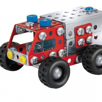 Carro de brinquedo de metal e plástico vermelho e prata com rodas pretas