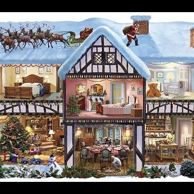 Casinha decorada com neve no telhado e decoração natalícia vista em corte transversal