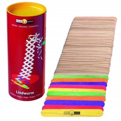 Conjunto de pauzinhos de madeira coloridos e embalagem vermelha com tampa amarela