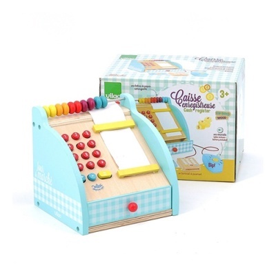 Caixa registadora de brinquedo em madeira com botões vermelhos e amarelos e contas coloridas