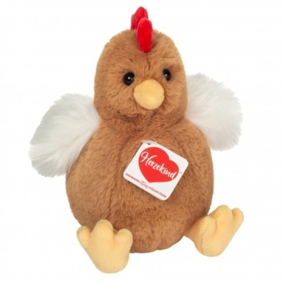 Peluche de galinha castanha com asas brancas e etiqueta Herzkind