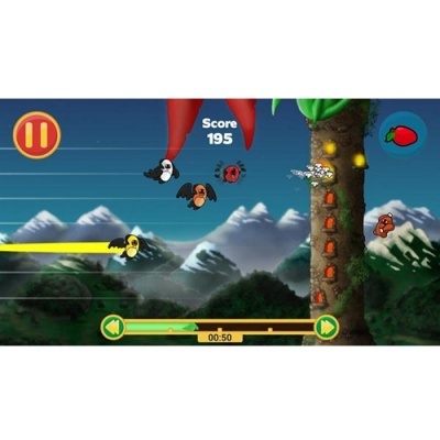 Captura de ecrã de jogo com pássaros coloridos a voar e interface visível