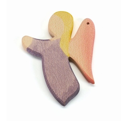 Anjo decorativo de madeira pintada em amarelo, roxo e rosa