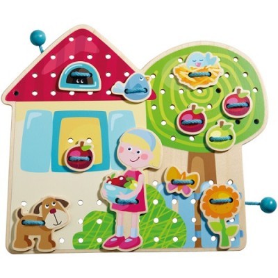 Tabuleiro educativo de madeira colorido com figuras recortadas e botões azuis