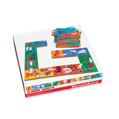 Jogo de tabuleiro com peças coloridas e caixa branca com texto Weizenkorn