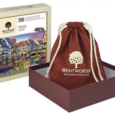 Puzzle WENTWORTH WOODEN PUZZLES de 250 peças com saco de tecido castanho dentro de caixa castanha aberta
