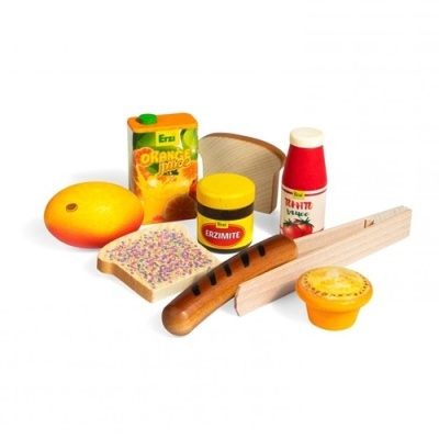 Brinquedo em madeira pequeno-almoço com pão, salsicha, torta, sumo, geleia, ketchup e laranja