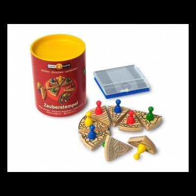 Jogo de peças de madeira coloridas em forma de pizza com embalagem cilíndrica vermelha e tampa amarela