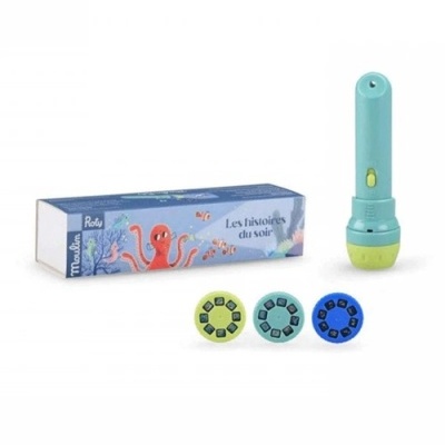 Conjunto com lanterna de projeção verde-água e três discos coloridos ao lado da caixa com ilustração de polvo.