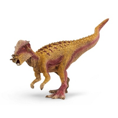 Figura de dinossauro plástico castanho, amarelo e rosa com textura realista