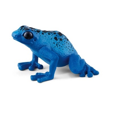 Miniatura de sapo azul com manchas pretas, textura rugosa e olhos grandes pretos