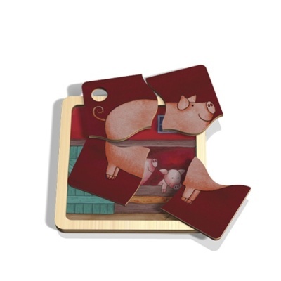 Quebra-cabeça de madeira com imagem de porco e fundo vermelho