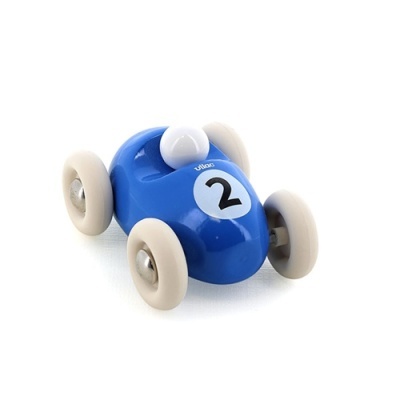 Carrinho de brinquedo azul com rodas brancas e etiqueta '2'