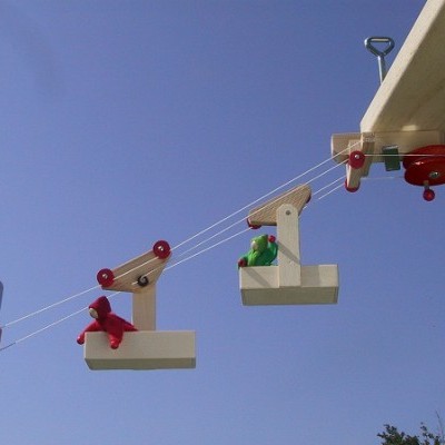 Brinquedos de madeira suspensos com personagens coloridos em céu azul