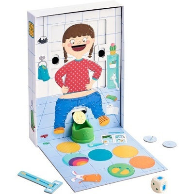 Jogo de tabuleiro infantil com tabuleiro colorido, dado e figura de criança e objetos da casa de banho