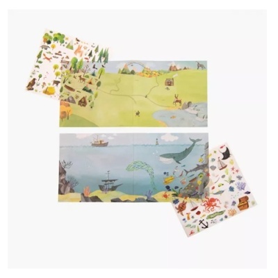 Puzzles de mapas ilustrados com autocolantes variados.