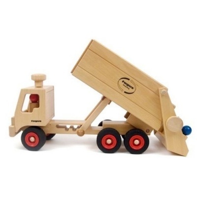 Camião basculante de brinquedo em madeira com rodas vermelhas e pretas