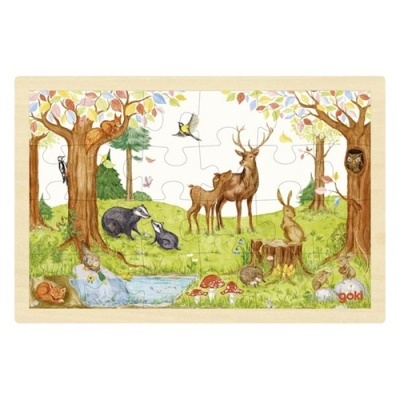 Quebra-cabeças de madeira com animais selvagens na floresta e a marca goki