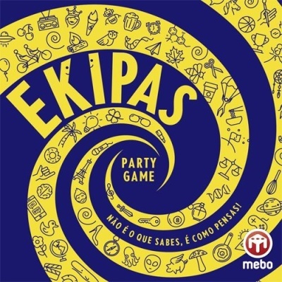 Caixa do jogo de festa EKIPAS PARTY GAME em azul e amarelo com ícones e texto