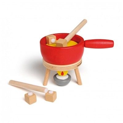 Jogo de fondue de madeira com tigela vermelha e suporte tripé