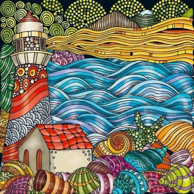 Farol colorido estilizado junto a casa com ondas e conchas coloridas ao redor